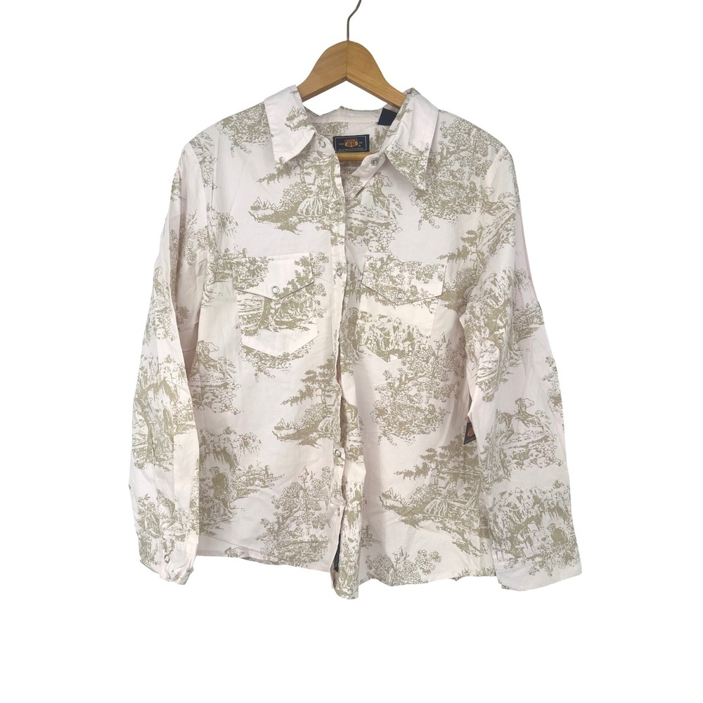 Vintage Route 66 Snap Down Top Women L Pink Toile Western Toile De Jouy Cowgirl